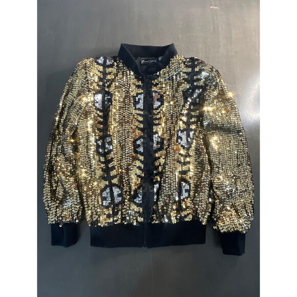 Jewel Queen vintage 80s/90s sequin zip jacket size Medium Gold, silver and black - Picture 1 of 7